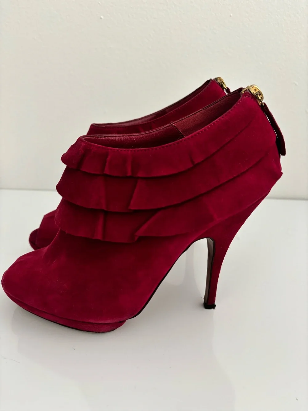 Moschino Magenta Suede Peep-Toe Mules with Layered Ruffle